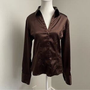 Vintage Y2K Brown Satin Button Down Long Sleeve Top Size Large Old Money